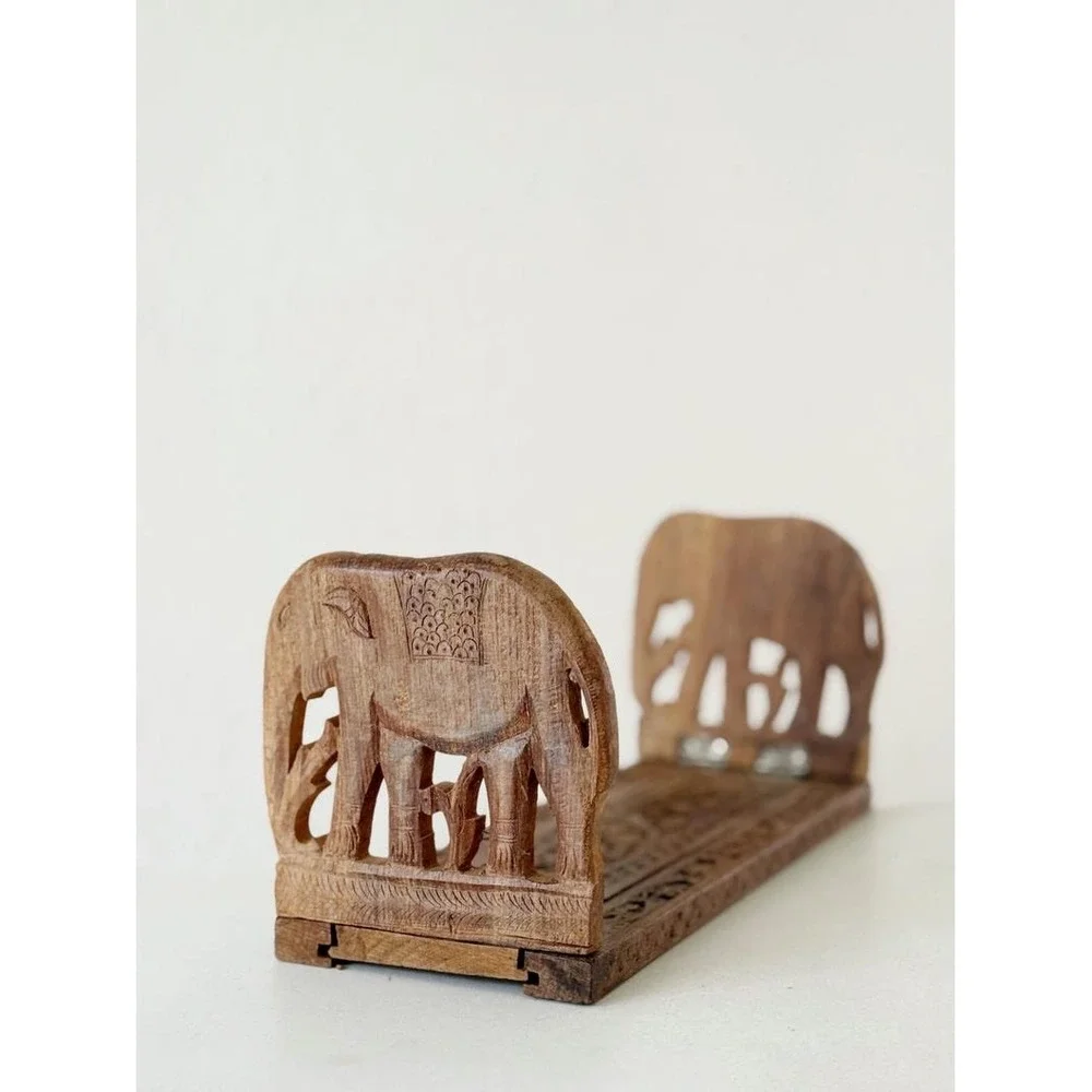 Vintage boho Book Holder Brown Wood Hand Carved Elephant‎ made in India antique